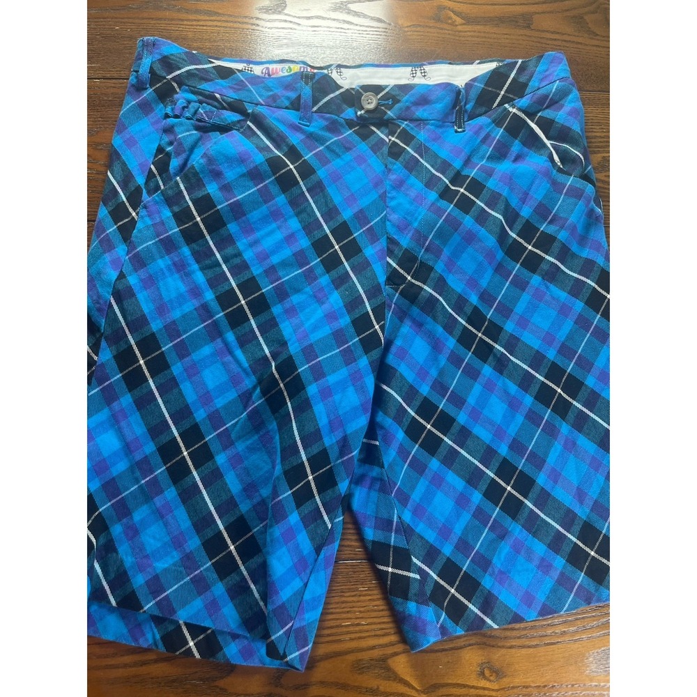 Royal & Awesome Shorts Mens 36 Blue Plaid Golf Chino Colorful Casual Pockets